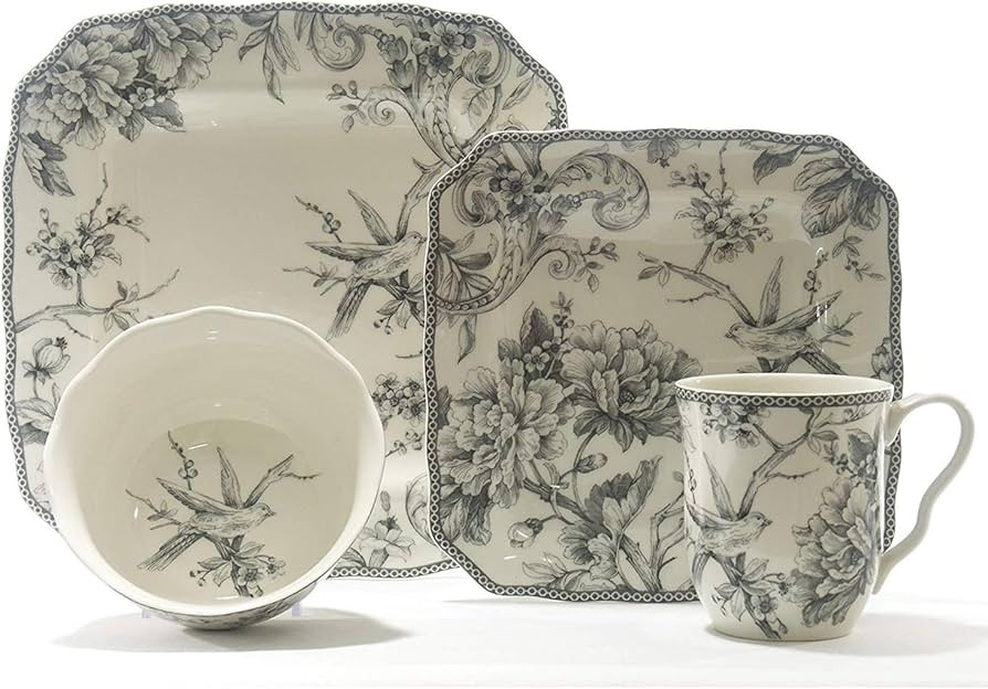 222 Fifth Adelaide 16-Piece Square Floral Dinnerware Set – Service for 4, Grey & White Porcelai... | Amazon (US)