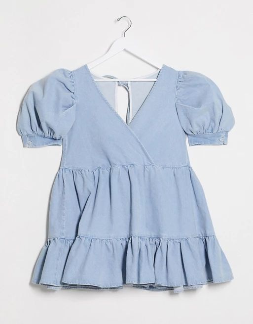 ASOS DESIGN denim puff sleeve oversized smock dress in blue | ASOS (Global)