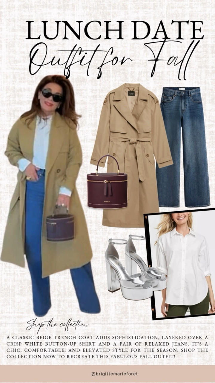 A classic beige trench coat adds sophistication, layered over a crisp white button-up shirt and a pair of relaxed jeans. It's a chic, comfortable, and elevated style for the season. Shop the collection now to recreate this fabulous fall outfit!