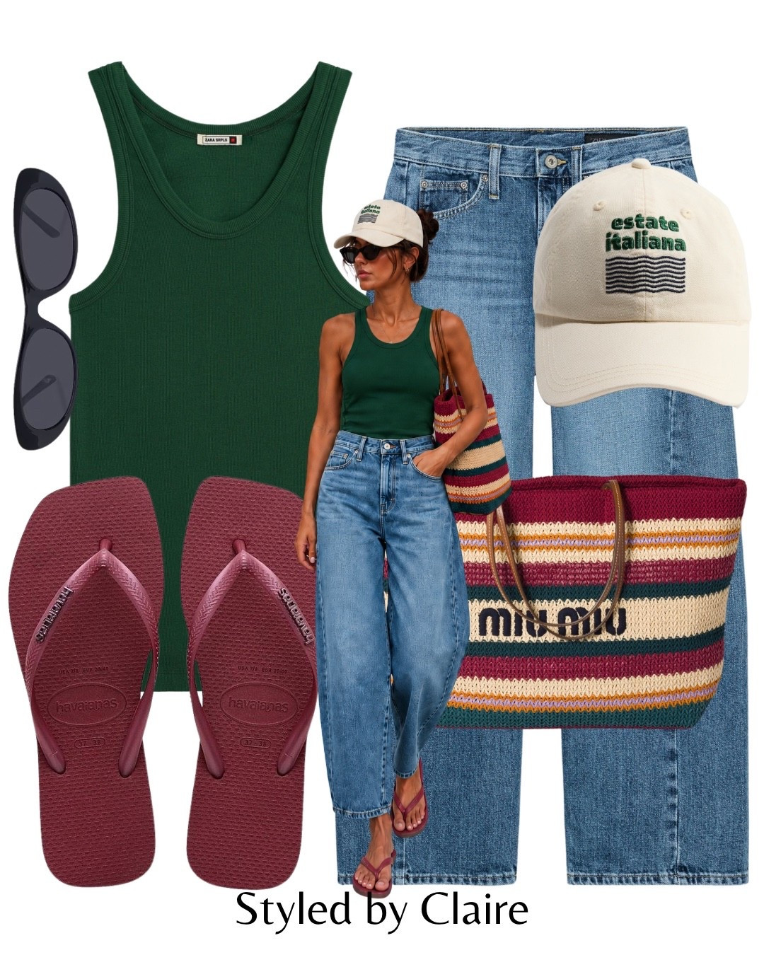 COOL GIRL STYLING❤️‍🔥
Tags: Zara barrel leg jeans ankle length tank top dark green miu miu crochet raffia tote beach bag havaianas burgundy flip flops sandals cap H&M sunglasses revolve fashion city break capsule wardrobe elevated basics inspo outfit ideas ootd trending viral

#LTKsummer #LTKstyletip #LTKshoes