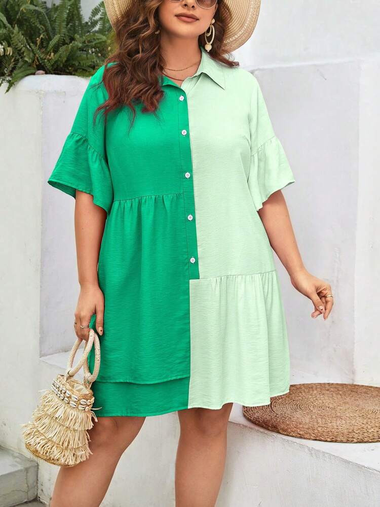 SHEIN Plus Two Tone Flounce Sleeve Ruffle Hem Smock Dress | SHEIN
