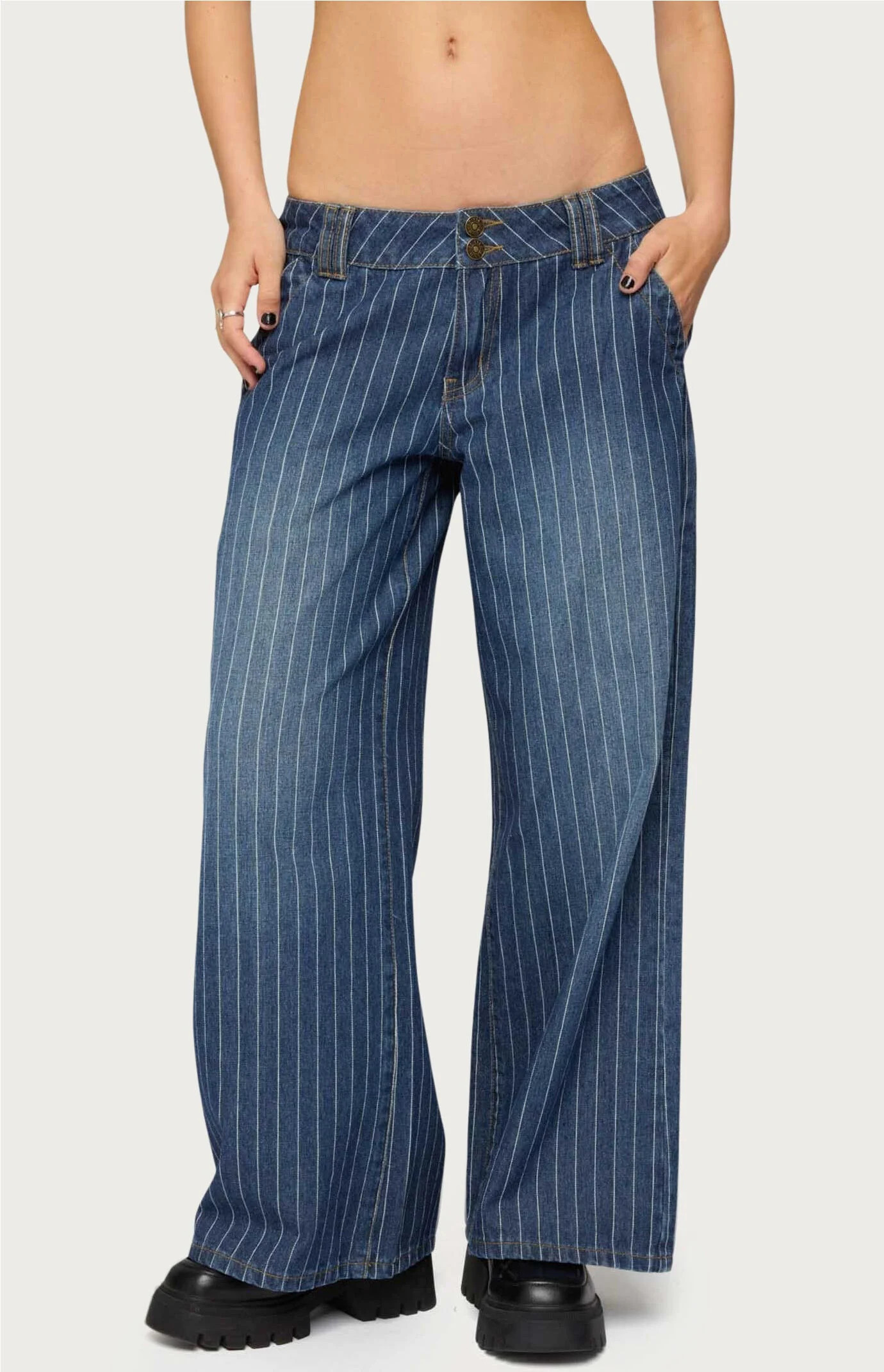 Edikted Women's Petite Cory Striped Low Rise Jeans in Blue - Size XS | PacSun