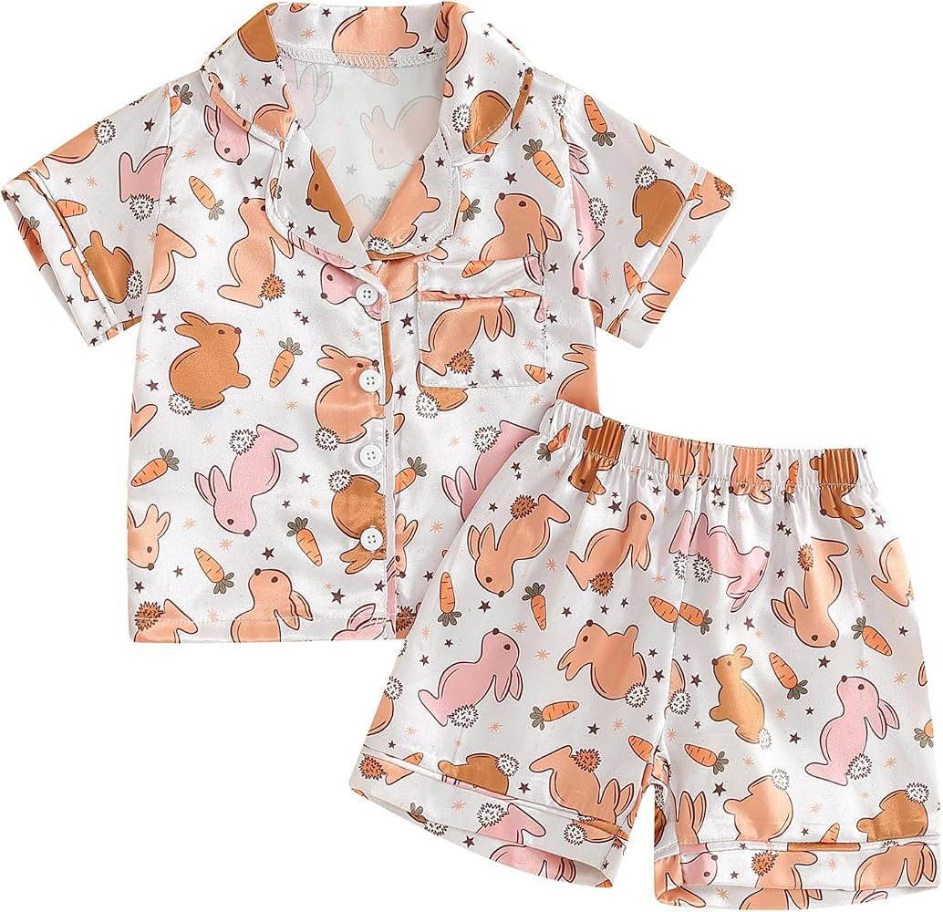 Qiylii Toddler Baby Boy Silk Pajamas Cow/Dinosaur Satin Pajamas Set Short Sleeve Button-Up Top Sh... | Amazon (US)