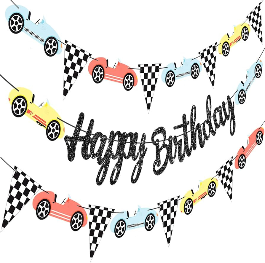 Vintage Racing Car Birthday Banners Racing Car Themed Party Decorations Glitter Black Race Car Ha... | Amazon (US)