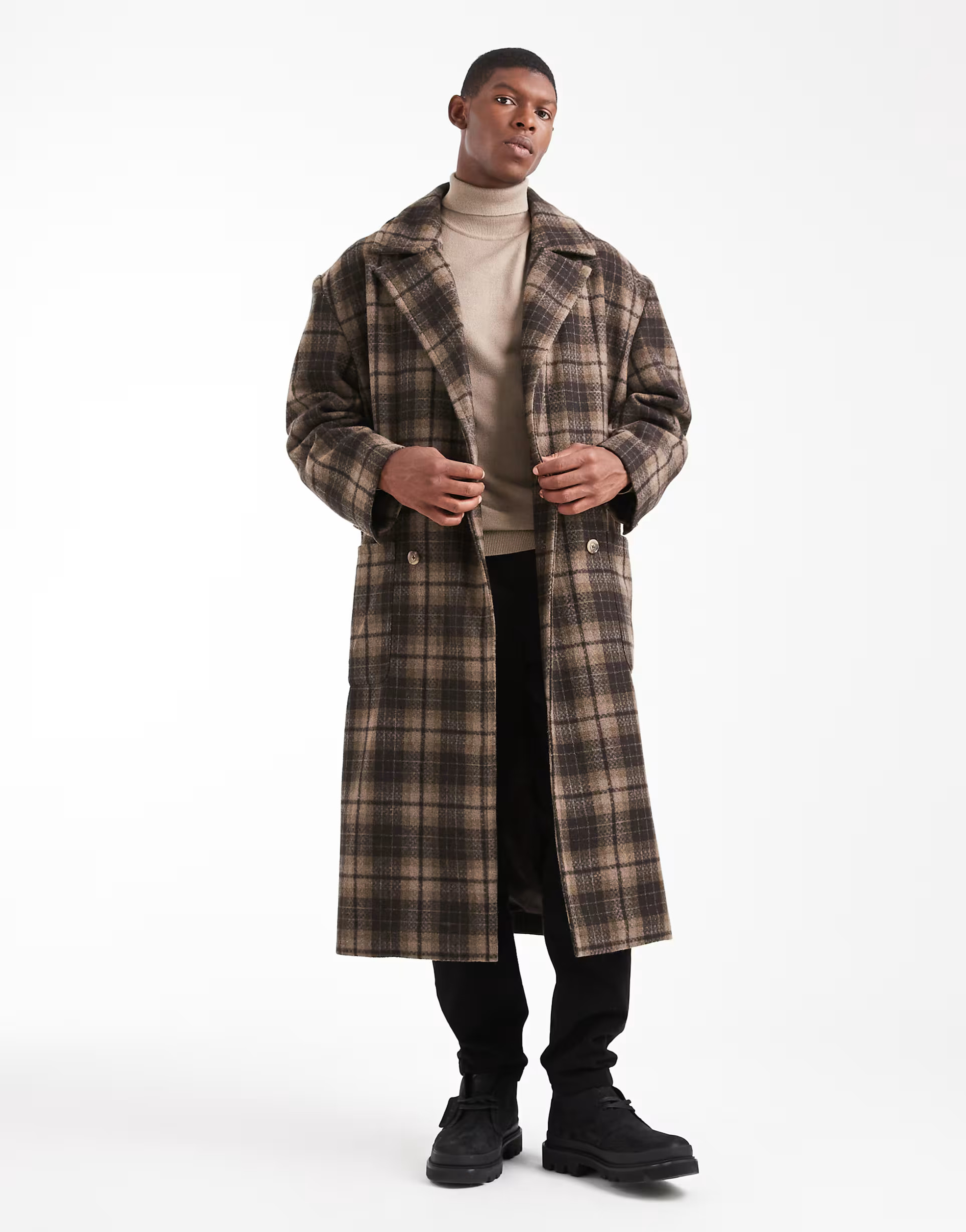 ASOS DESIGN plaid wool look oversized longline coat in brown | ASOS | ASOS (Global)