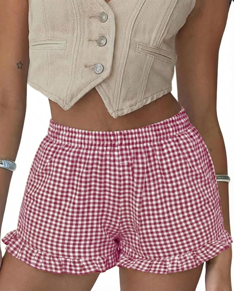 Boxer Shorts for Women Pajama Gingham Shorts Casual Lounge Sleep Plaid Y2K Beach Bottoms for 2026... | Amazon (US)