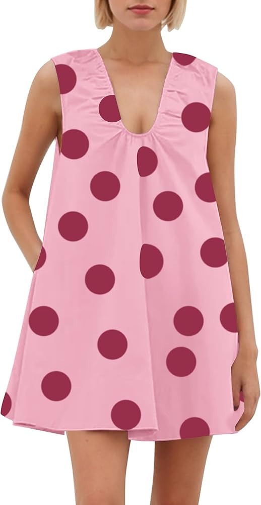 Meladyan Women's Polka Dot Babydoll Mini Dress Scoop Neck Sleeveless Summer Tank Dresses with Poc... | Amazon (US)