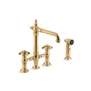 KOHLER Artifacts Double Handle Bridge Kitchen Faucet with Prong Handles and Sidespray in Vibrant Bru | The Home Depot