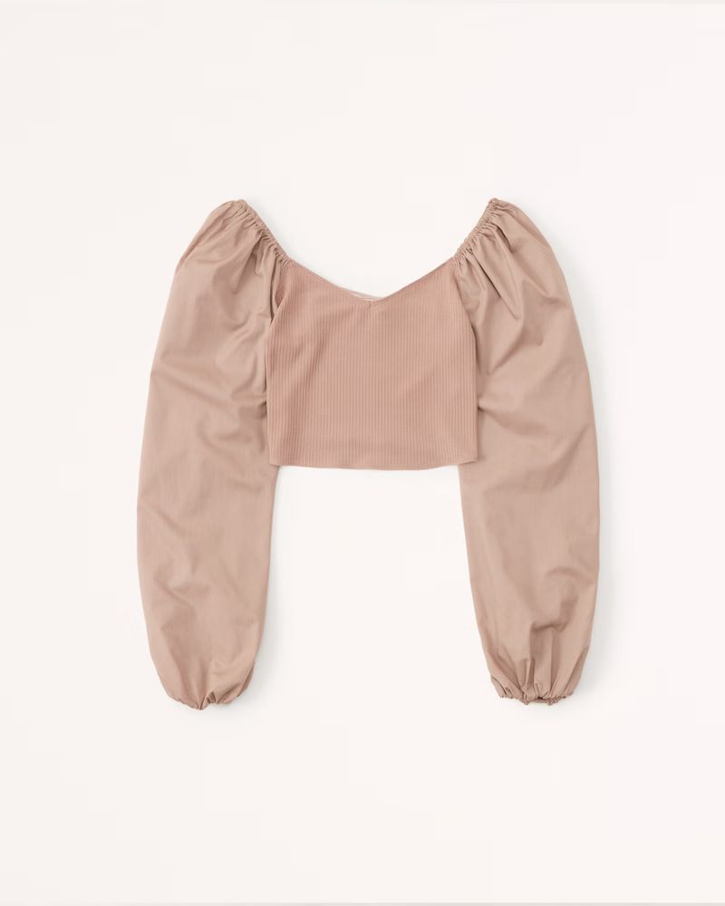 Long-Sleeve Mixed Fabric Puff Sleeve Top | Abercrombie & Fitch (US)