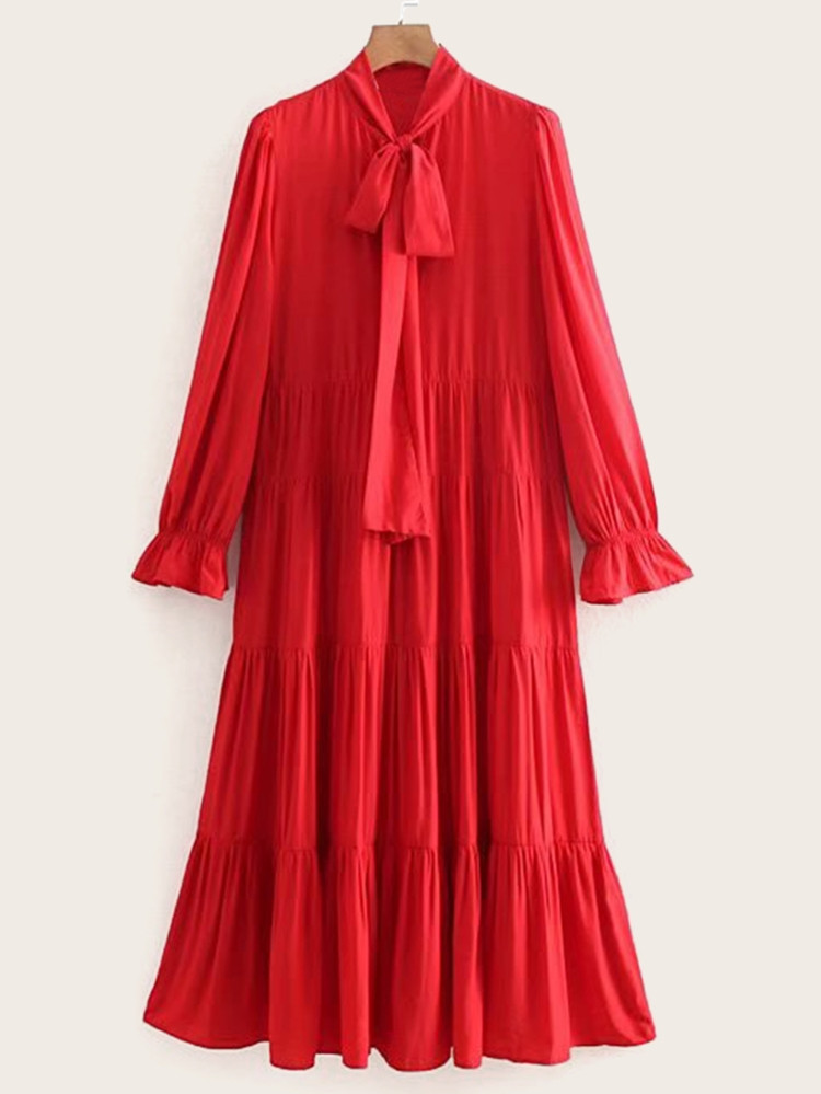 Tie Neck Flounce Sleeve Tiered Dress | SHEIN