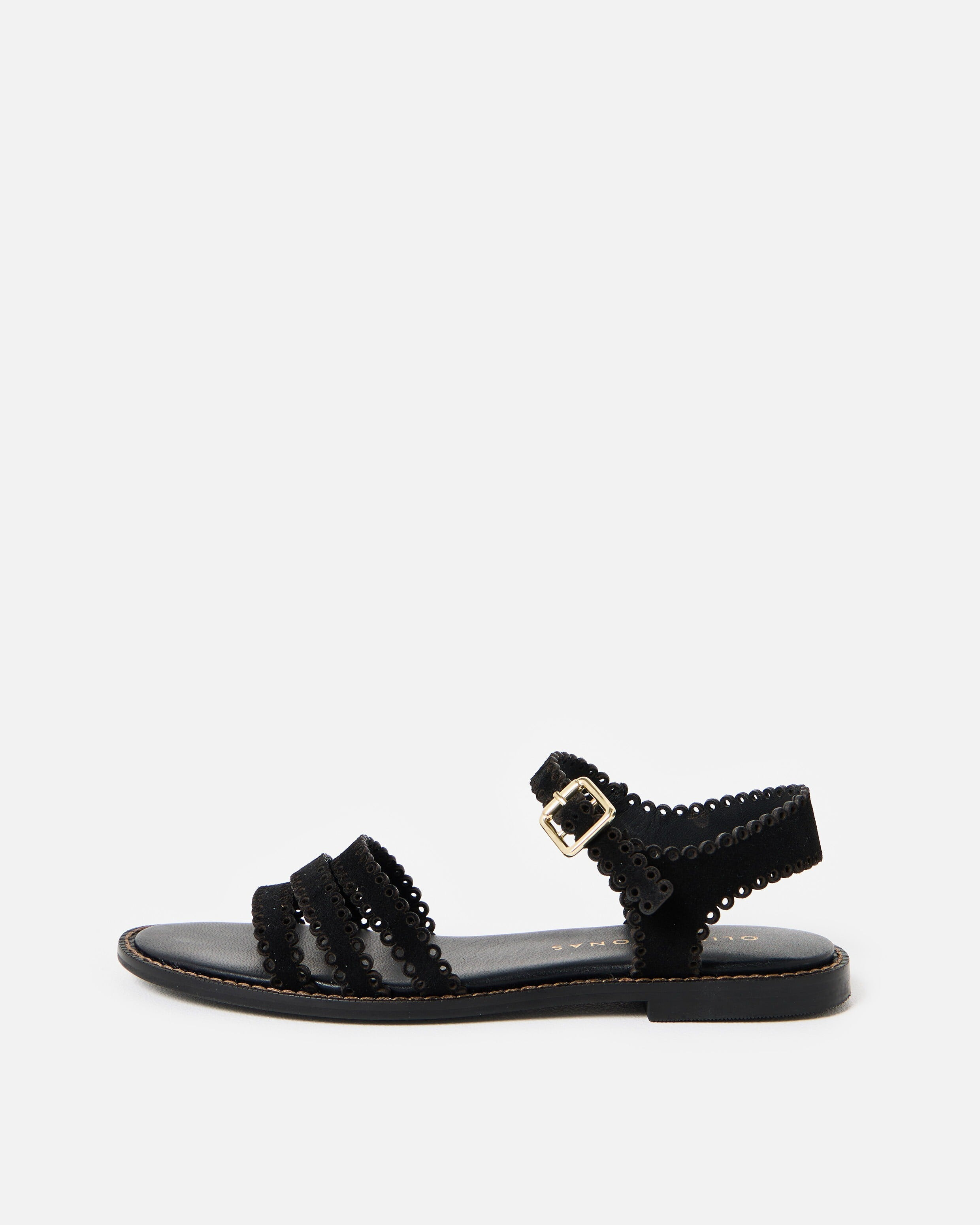 Black Flat Leather Sandals, size 3 | Oliver Bonas (Global)