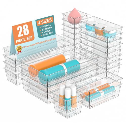 【28 PCS】Drawer Organizers, Organization and Storage Organizers and Storage, Acrylic Organizers, Storage Bins for Cosmetic, Vanity Organizer, 4-Size Clear Plastic, Kitchen Gadgets Utensils and Office | Amazon (US)