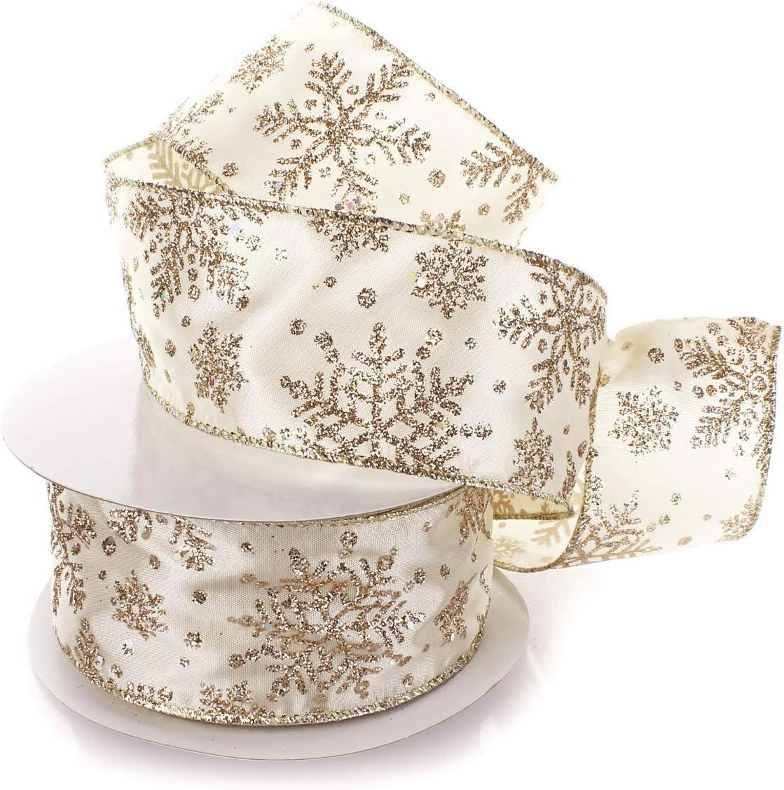 Ribbon Traditions Glitter Snowflakes Satin Wired Ribbon 2 1/2 Inch By 10 Yards - Light Gold | Amazon (US)
