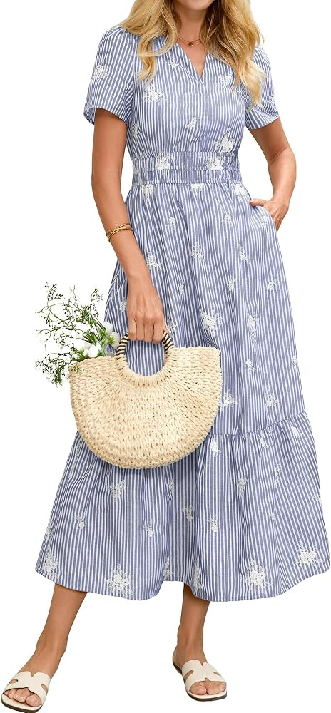 Simplee Womens Striped Maxi Summer Dress Casual Embroidery V Neck Boho Dress Wedding Guest Dresse... | Amazon (US)