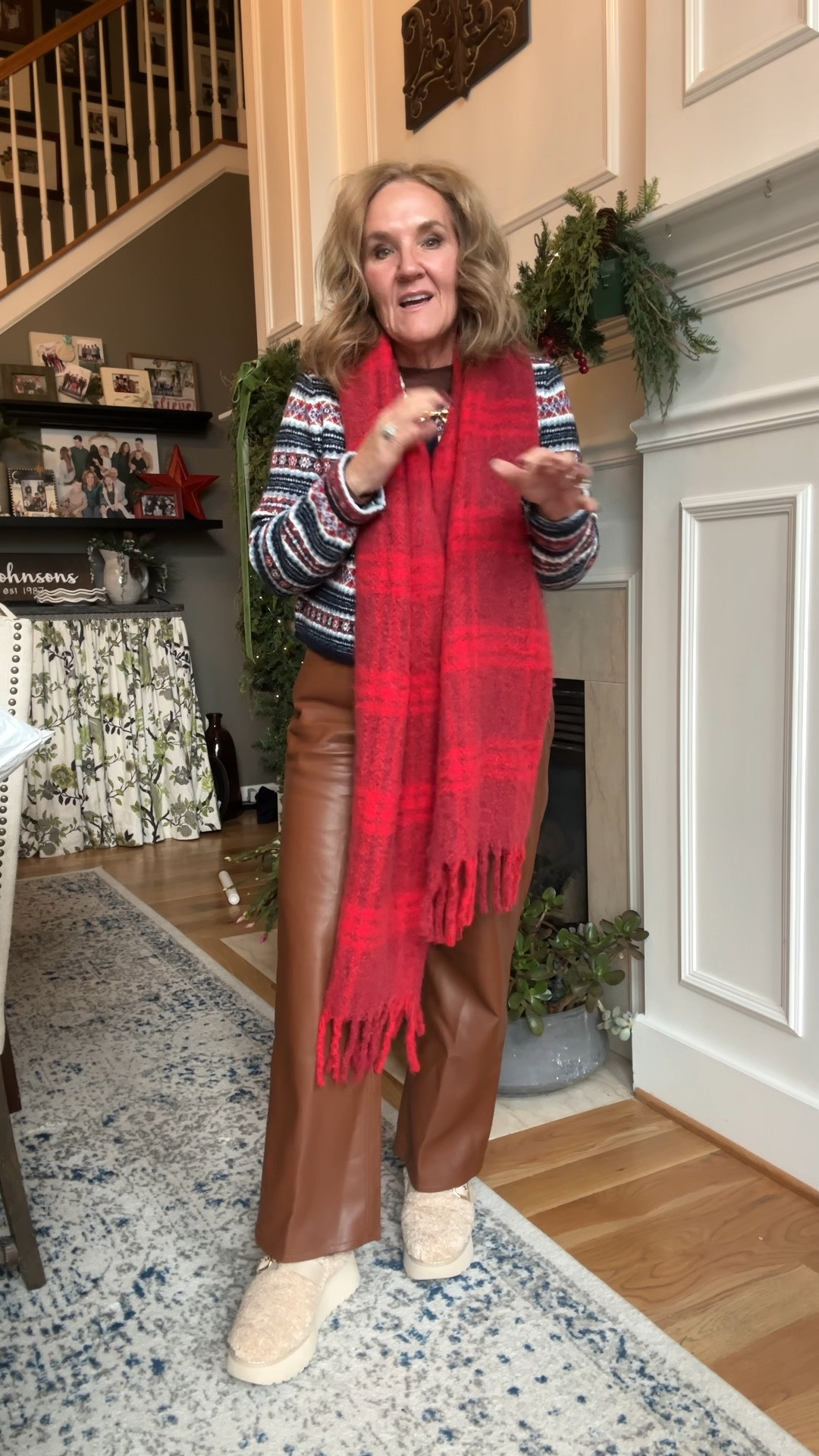 Needed the layers and the warm fabrics. 

pants size 29 they do run a bit room 
Sweater size medium, it is warm 
Base layer is an Amazon top. You have to size up two sizes, I am wearing an XXL. 
Sherpa clogs true to size 
And this scarf is the best thing ever! Under $20 and makes a great gift 

Winter outfit holiday what to wear when you’re cold at work outfit for leather pants fair isle  sweater, Fair isle lady jacket J.Crew dolce vita red plaid scarf

#LTKOver40 #LTKWorkwear #LTKSeasonal