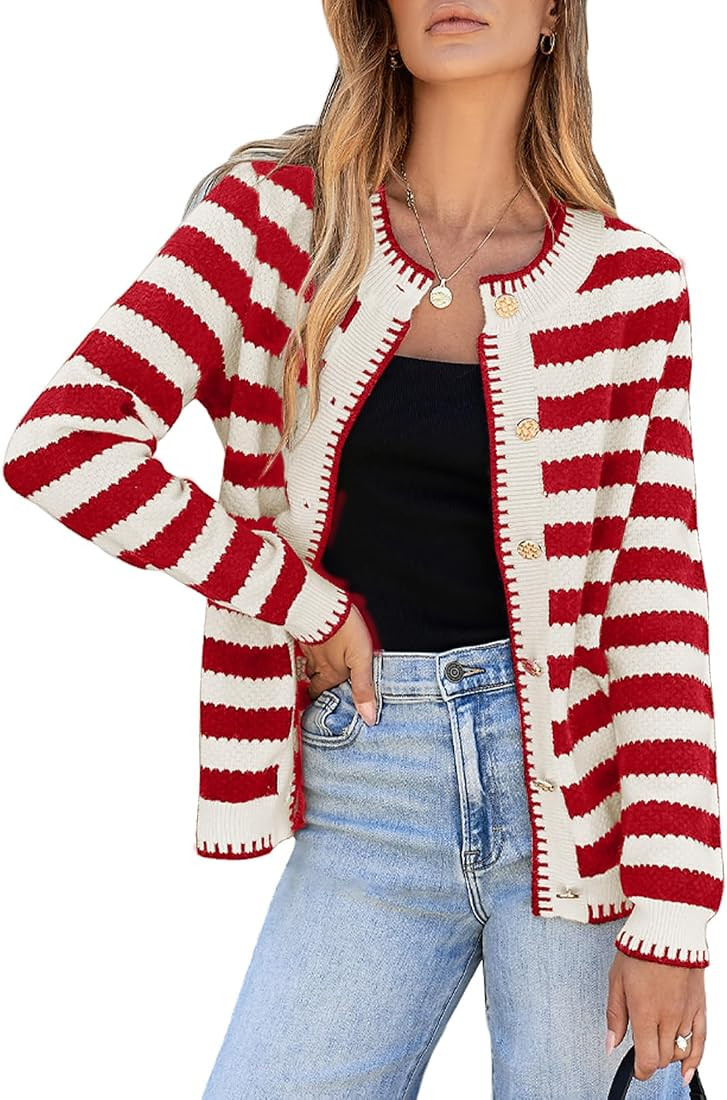 Sidefeel Women's Cardigan Sweaters Striped Open Front Button Down Knitted Coat Cropped Fall Fashi... | Amazon (US)