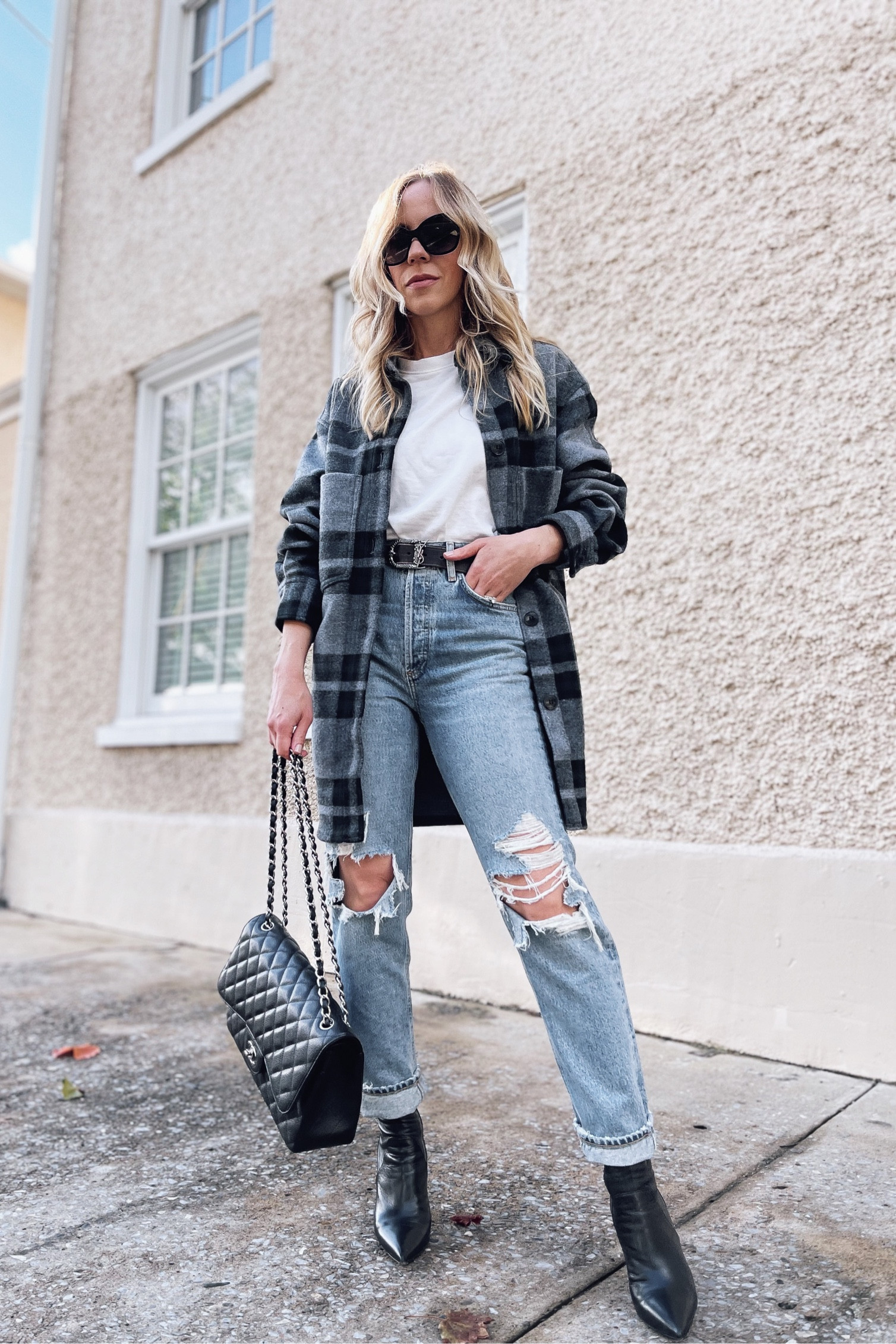 Plaid shacket, fall outfit, AGOLDE jeans, black leather booties

#LTKSeasonal #LTKsalealert #LTKunder50