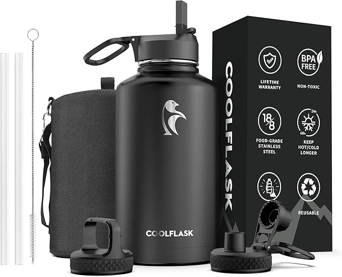 64 oz Water Bottle Insulated with Straw & 3 Lids, Coolflask Large Metal Stainless Steel Water Jug... | Amazon (US)