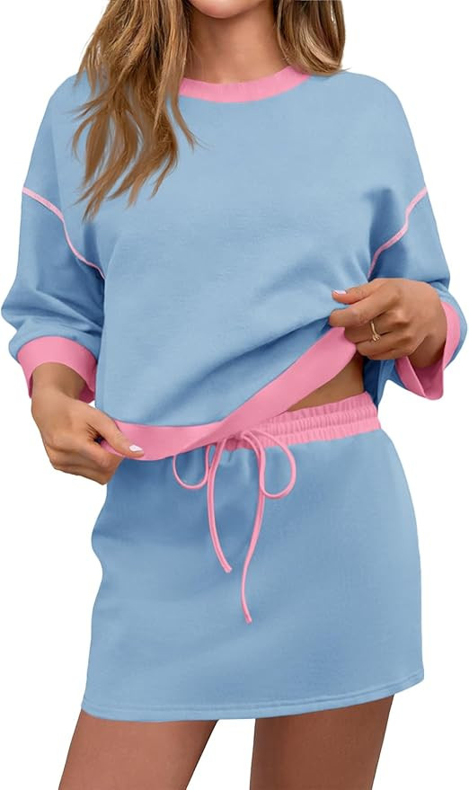 Tankaneo Womens Skirt Set 2 Piece Outfits Casual Sweatshirt Skort Set 3/4 Sleeve Color Block Matc... | Amazon (US)