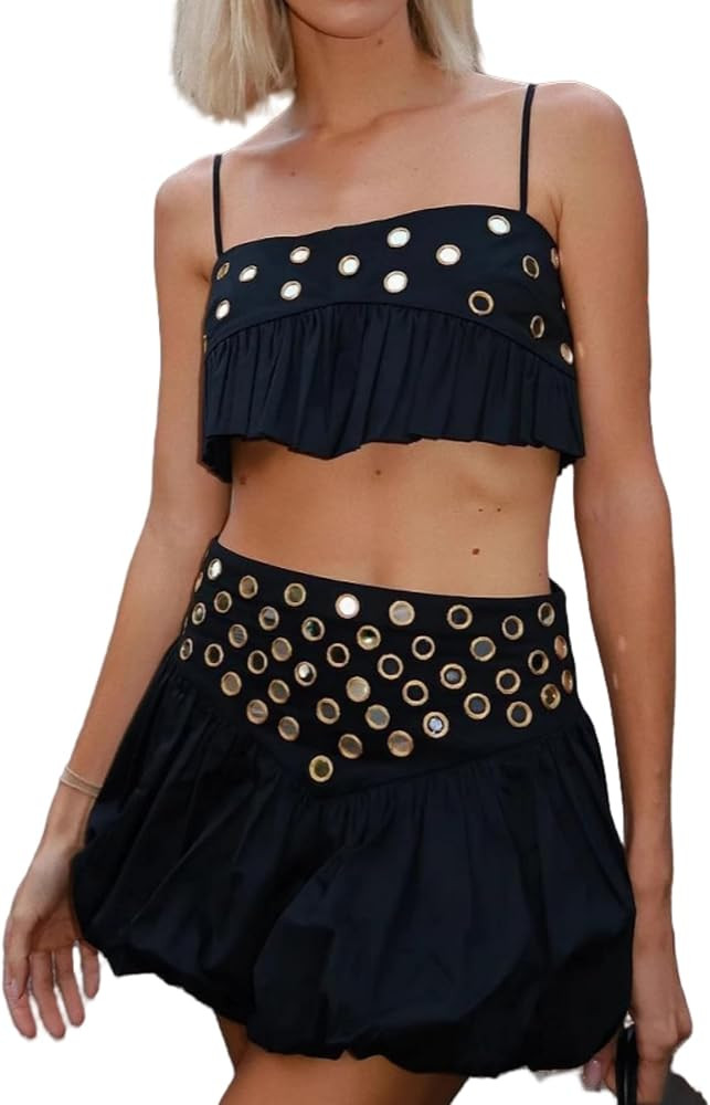 2 Piece Skirt Sets for Women Sleeveless Crop Top and High Waisted Mini Skirts Circle Hole Bubble ... | Amazon (US)