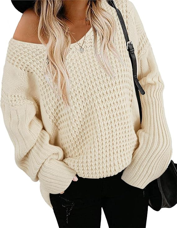 Mafulus Womens Oversized Sweaters Batwing Long Sleeve V Neck Waffle Chunky Knit Pullover Jumper T... | Amazon (US)