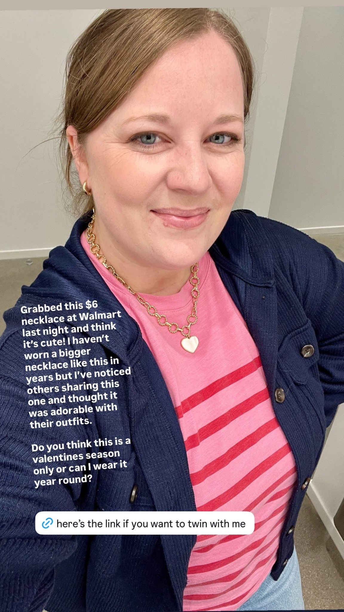 Grabbed this $6 necklace at Walmart last night and think it’s cute! I haven’t worn a bigger necklace like this in years but I’ve noticed others sharing this one and thought it was adorable with their outfits. 

Do you think this is a valentines season only or can I wear it year round?