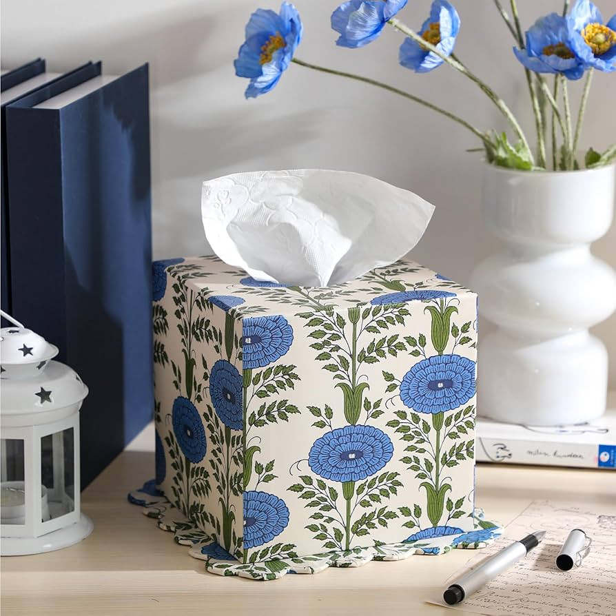 Ferrochef Blue Paper Mache Tissue Box Cover Floral Print Tissue Box Decorative Square Napkin Hold... | Amazon (US)