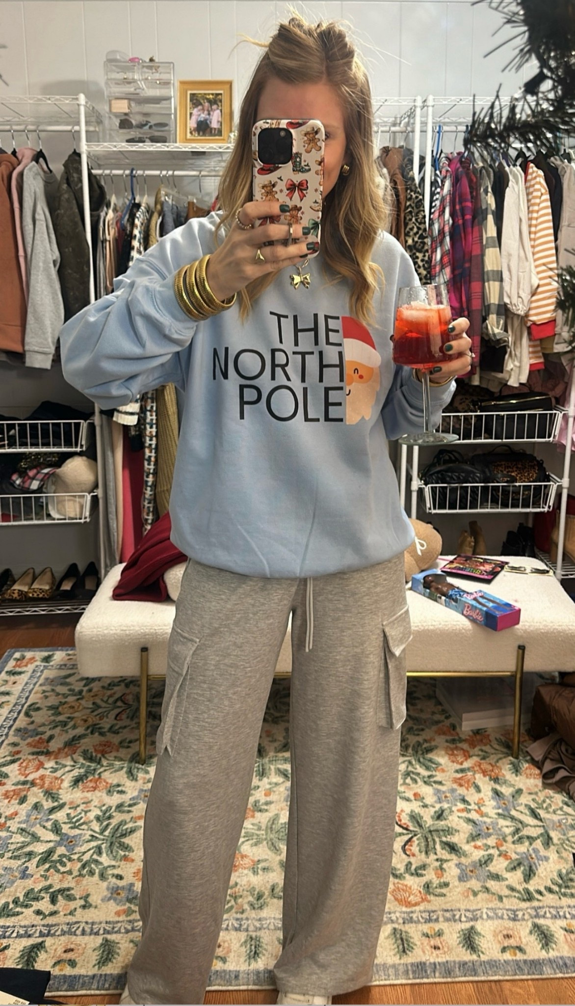 The cutest North Pole sweatshirt and my favorite scuba cargo pants from Walmart!
Size L in sweatshirt, M in pants