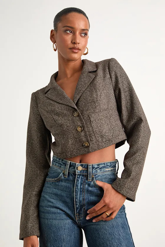 Lindy Brown Plaid Tweed Cropped Blazer | Lulus