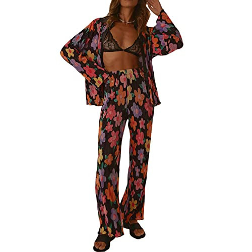 Women 2 Piece Pleated Pants Set Boho Floral Print Long Sleeve Button Down Shirt Summer Cute Linen Pants Outfits (Black, S) | Amazon (US)