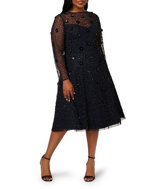Adrianna Papell Plus Size Beaded Velvet Mesh Boat Neck Long Sleeve Midi Dress | Dillard's | Dillard's