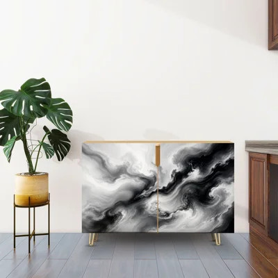 Sideboard Buffet Cabinet with Storage Abstract Black White Swirling Marble Artwork with 2 Doors for Living Room and Kitchen | Wayfair North America
