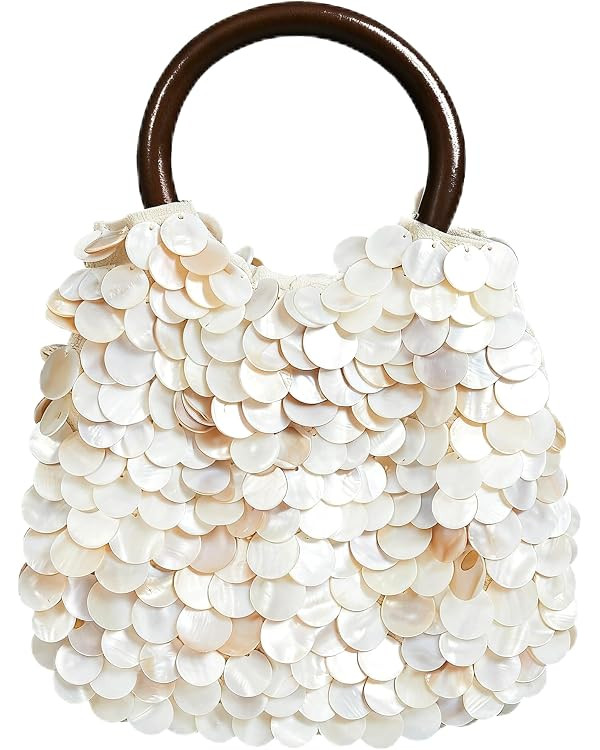 Miuco Shell Clutch Handbag Natural Seashell Purse with Wooden Handle | Handmade Shell Beaded Bag ... | Amazon (US)