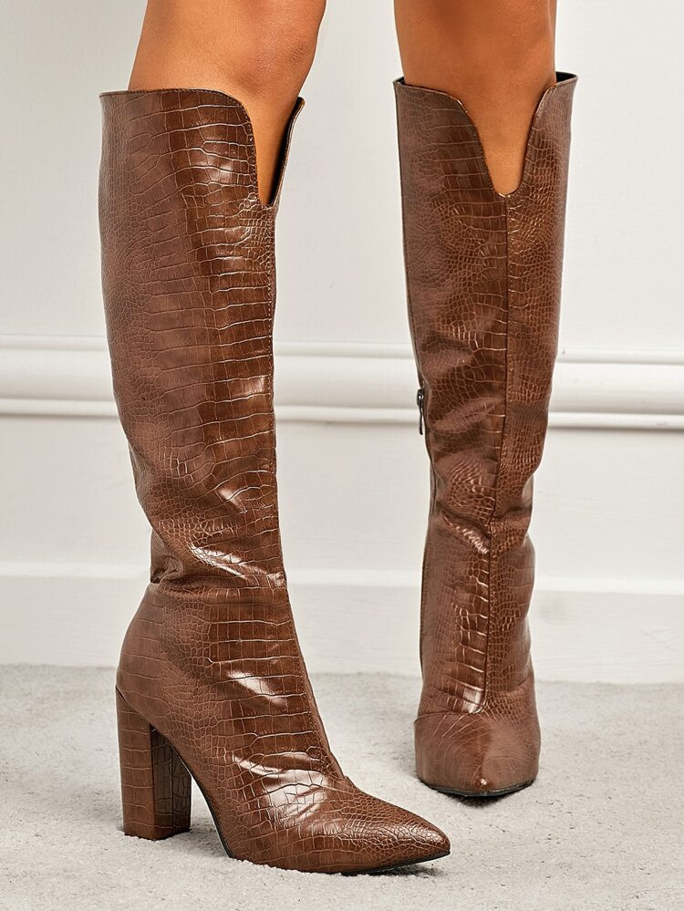 Crocodile Embossed Point Toe Chunky Heeled Classic Boots | SHEIN