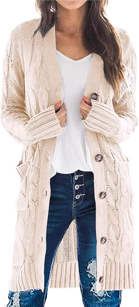 PRETTYGARDEN Long Sleeve Cable Knit Long Cardigan for Women 2024 Fall Winter Chunky Open Front Bu... | Amazon (US)