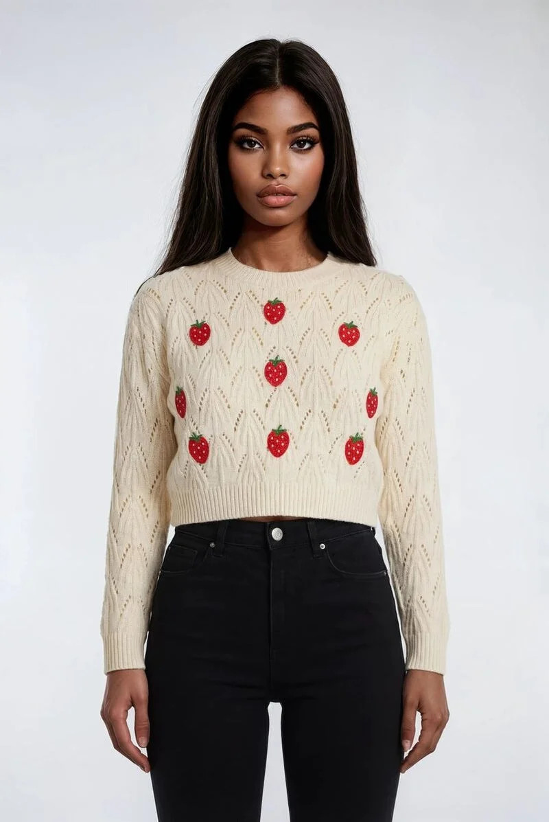 Forever 21 Embroidered Strawberry Cropped Pointelle Sweater, Color-Cream/Multi, Size-Xs | Walmart (US)