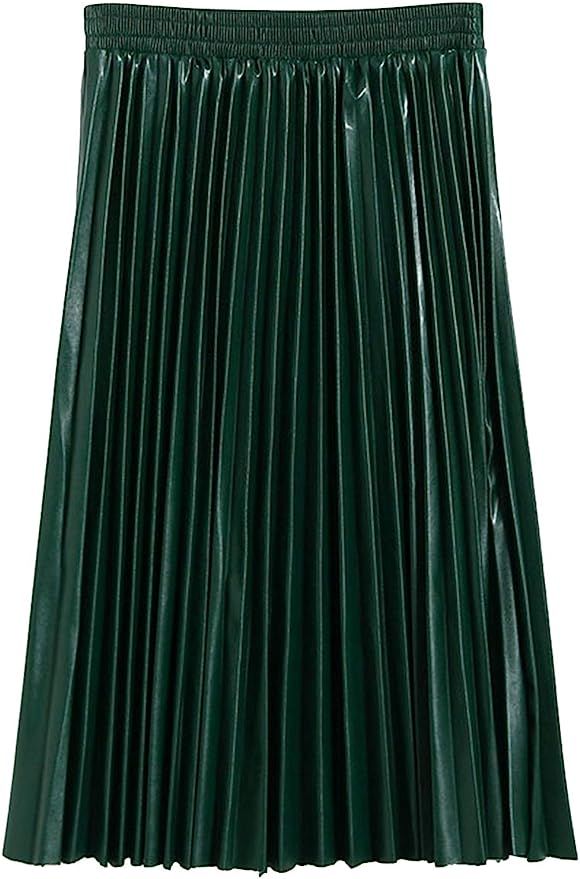 SUNFURA Women's Winter Faux Leather Elastic Waist Swing Flare Pleated Skirt | Amazon (US)