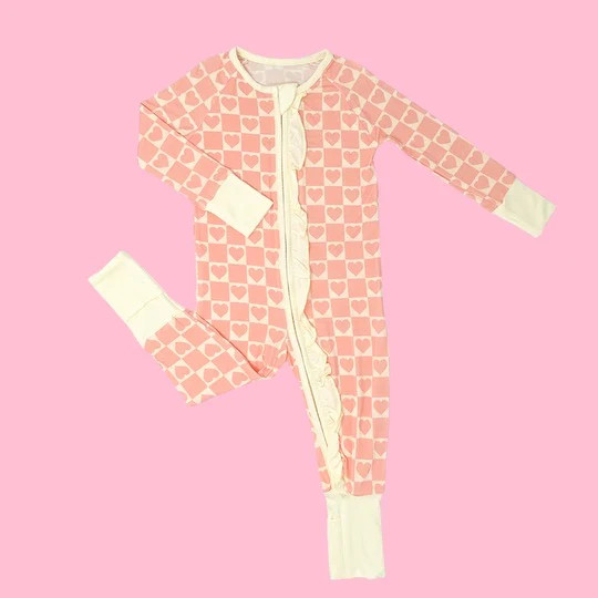 Pink Checkered Heart Ruffle Romper | Poppy Kids Co