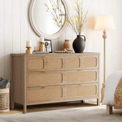 6 Drawer Dresser, Rattan Dresser for Bedroom with Metal Handles, Farmhouse Wood Storage Chest of Drawers for Bedroom, Living Room, Hallway, Entryway | Target