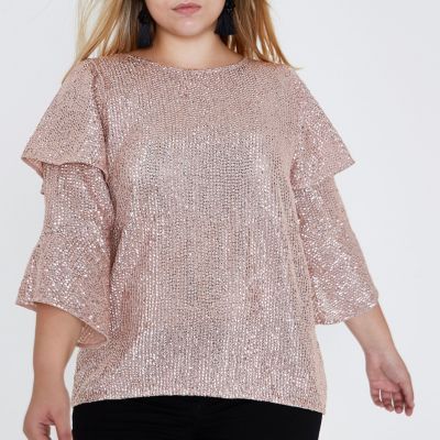 Plus light pink sequin frill sleeve top | River Island (UK & IE)
