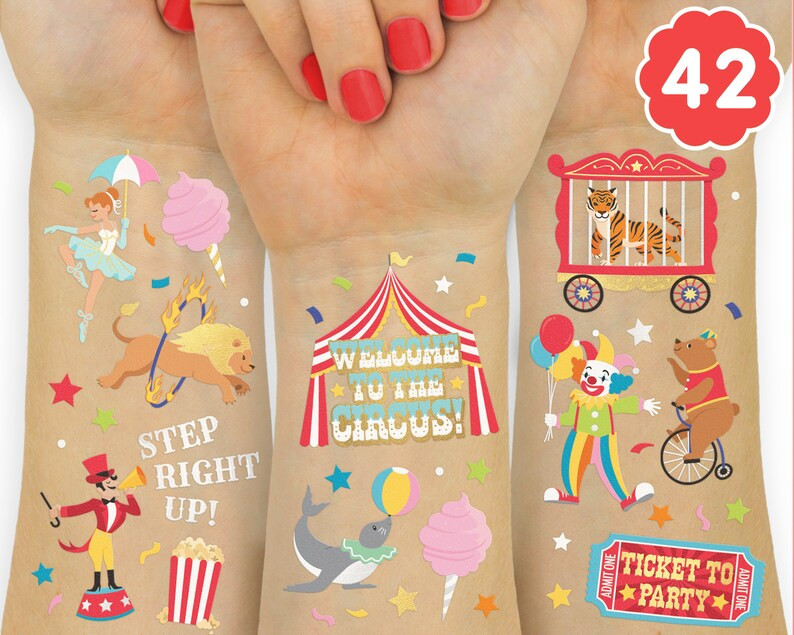 xo, Fetti Circus Party Temporary Tattoos - 42 Gold + Silver Foil Styles | Circus Birthday Party S... | Etsy (US)