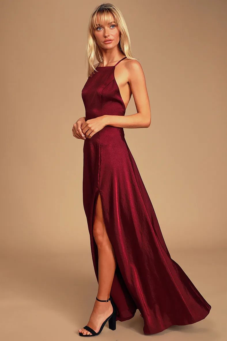 Total Beauty Burgundy Satin Backless Maxi Dress | Lulus (US)