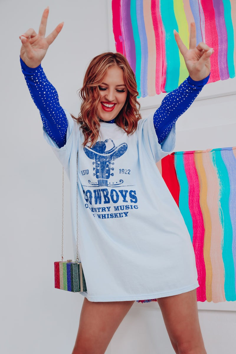 Cowboys Country Music And Whiskey Graphic Tee - Blue | Whiskey Darling Boutique