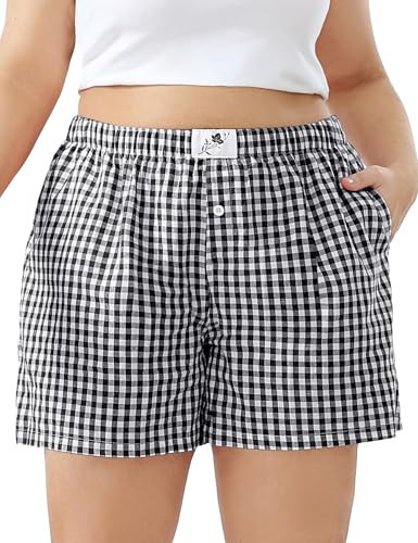 FOREYOND Plus Size Boxer Shorts for Women Gingham Shorts Lounge Sleep Plaid Shorts Y2K Beach Bottoms Black White 5XL | Amazon (US)