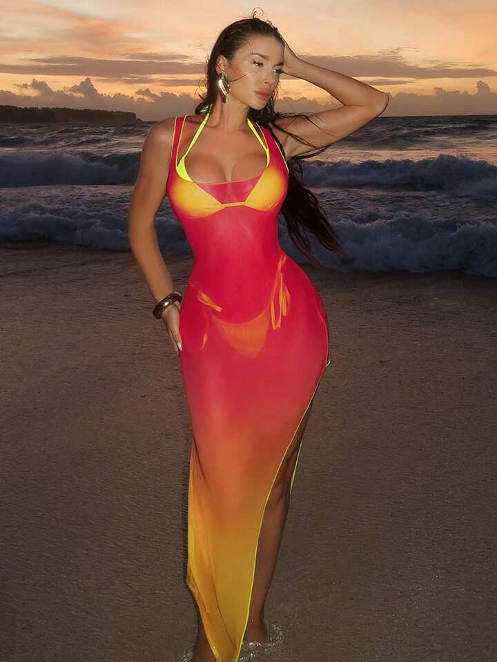 Swim SXY 3 Pieces Women Sexy Halter Triangle Bikini Set And Long Tie Dye Kimono Swimwear Cover Up Beach Outfit For Summer Beach Vacation | SHEIN