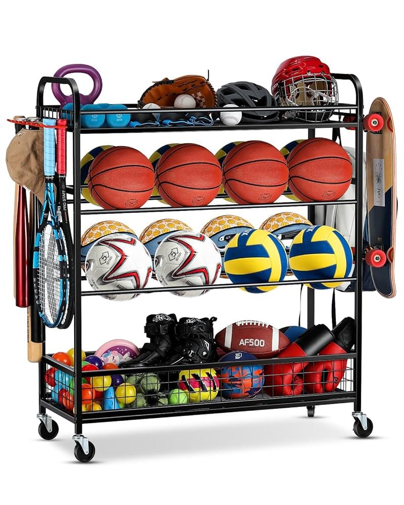 Garage Sports Equipment Organizer - Rolling Ball Storage Bin with Wheels, Garage Sports Gear Rack... | Amazon (US)