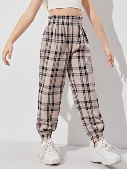 SHEIN Girls Wide Waistband Tartan Pants | SHEIN