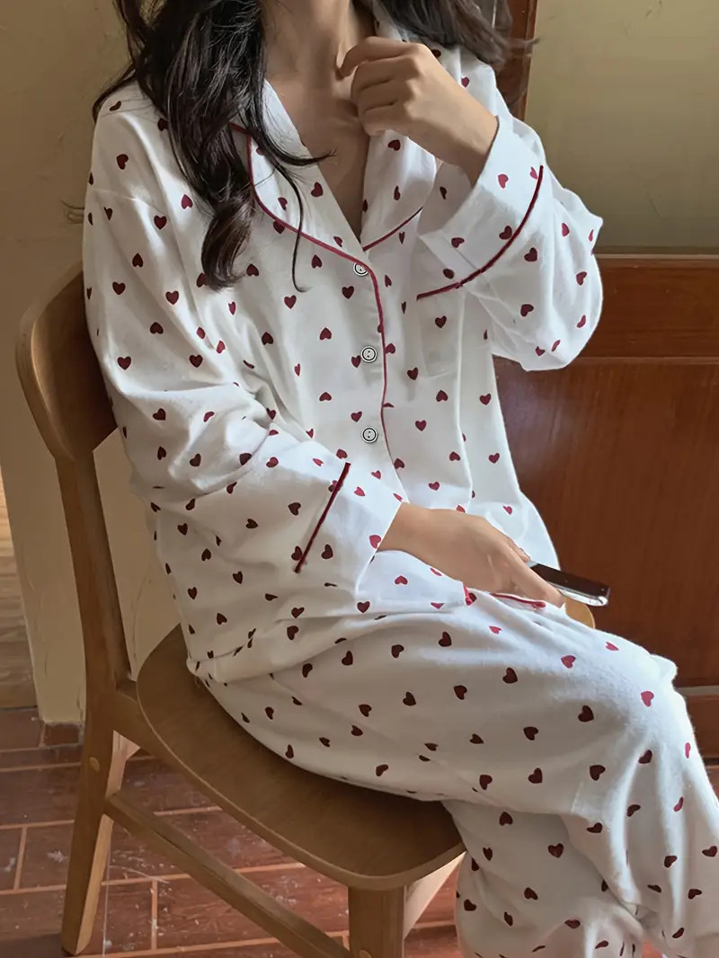 Valentine's Day Heart Print Pajama Set Long Sleeve Button - Temu United Kingdom | Temu Affiliate Program