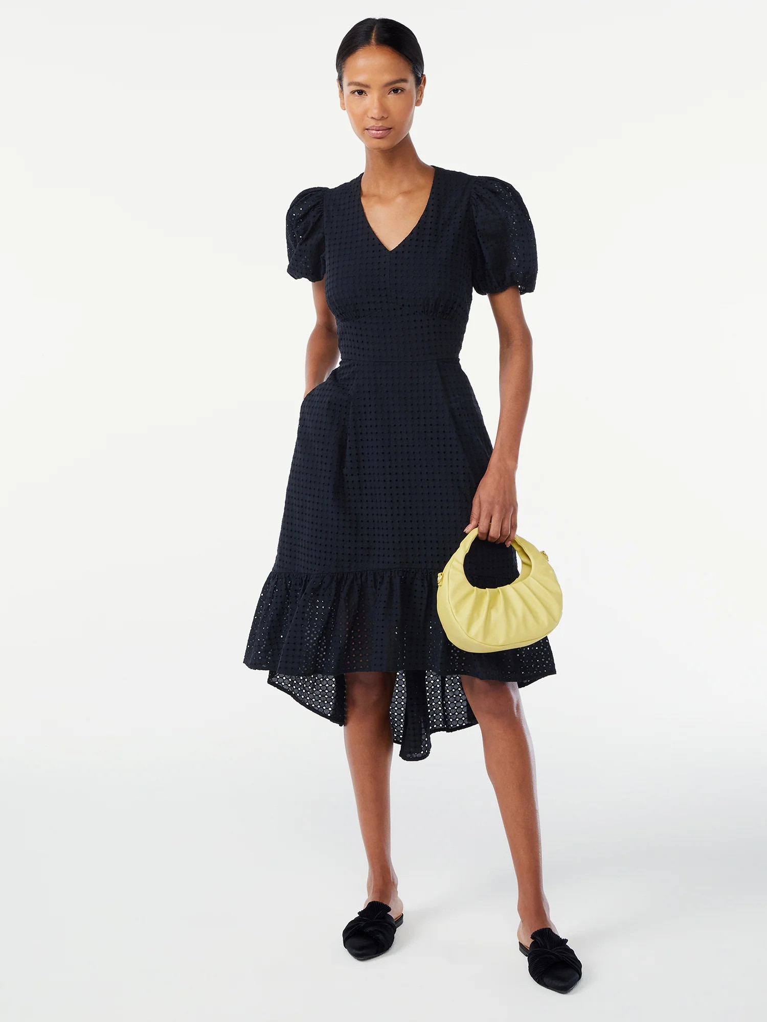 Scoop Women's High Low Eyelet Midi Dress with Puff Sleeves | Walmart (US)