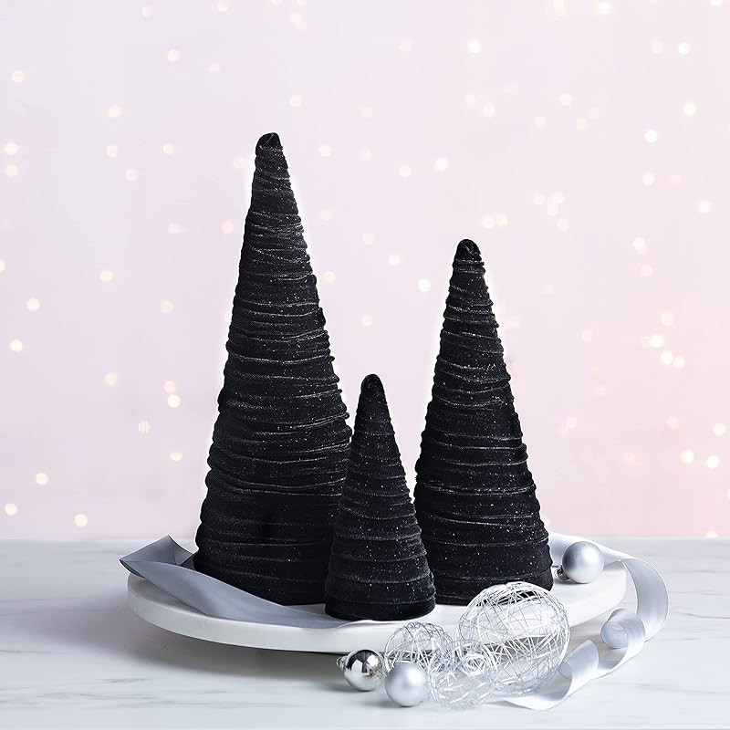 Black Velvet Cones Set of 3, Modern Black and White, Holiday Entryway, Rustic Winter Home, Farmho... | Amazon (US)